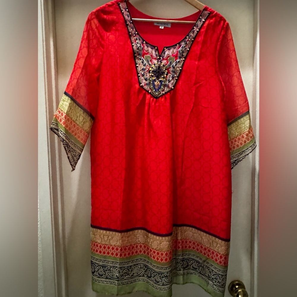 MISSLOOK Red Dress with Multicolor Embroidery Size Medium